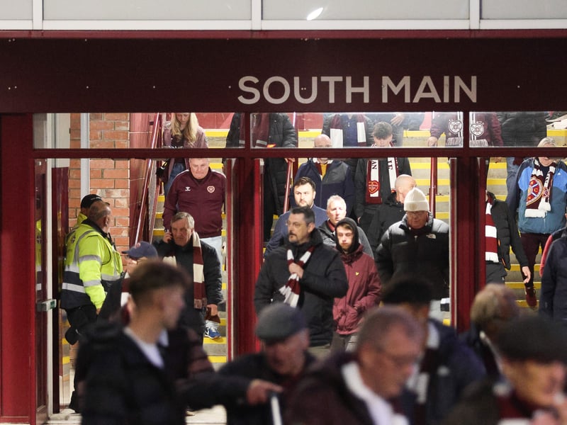 Disappointed Hearts fans leave Tynecastle after a late Celtic penalty at Motherwell denied them the chance to go three points clear at the top of the table.