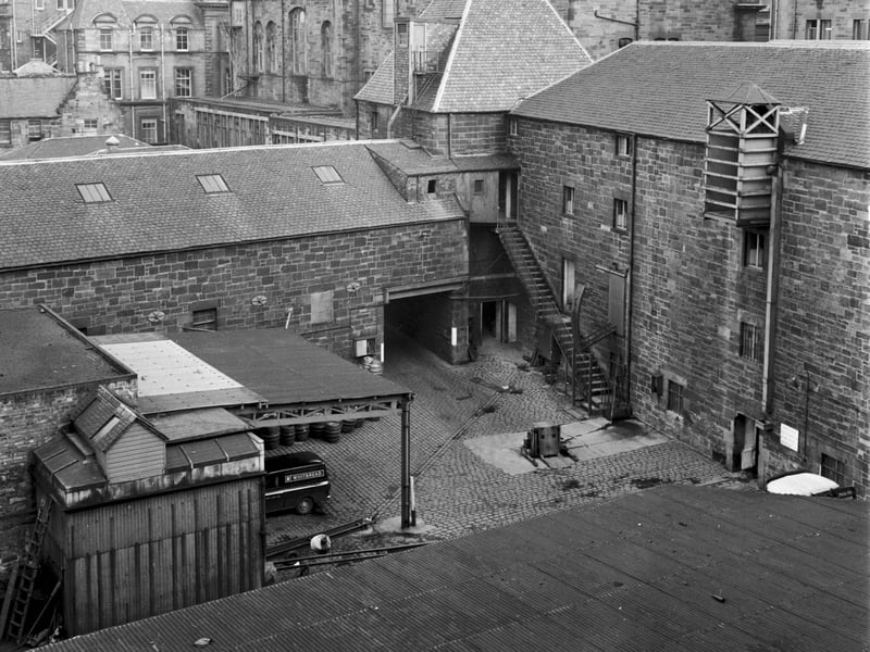 Looking into the yard of Whitbread's Archibald Campbell, Hope & King brewery (Argyle brewery), on Chambers Street, Edinburgh, in March 1971