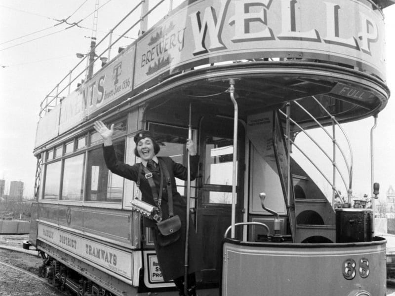 Scottish entertainer Una Maclean pictured in January 1988, dressed as a 'clippie' on a 1919 tram sponsored by Tennent Caledonian Breweries to run during the Glasgow Garden Festival