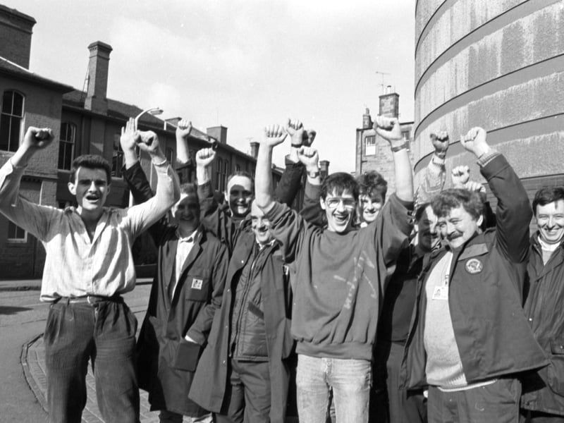 The Australian company Elders IXL was planning a merger with Scottish & Newcastle Breweries in 1988. S&N employees at Fountainbridge in Edinburgh are pictured here celebrating the news that the bid had failed in March 1989.