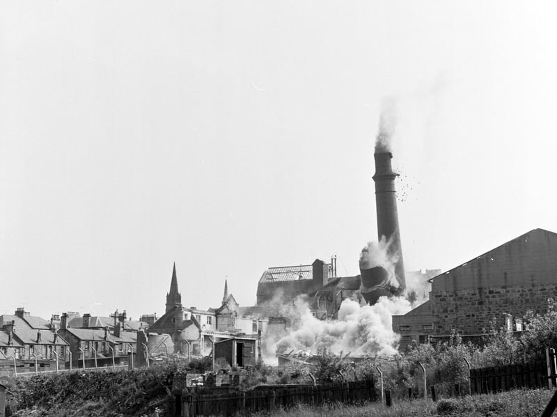 The chimney at the Aitken Brewery in Falkirk is demolished in June 1970