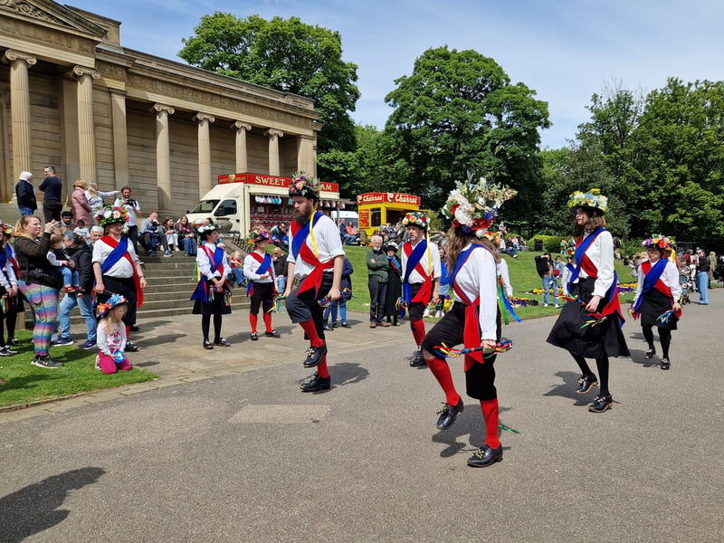 Escafeld North West Morris performing at the May Fayre at Weston Park. Photo: David Kessen