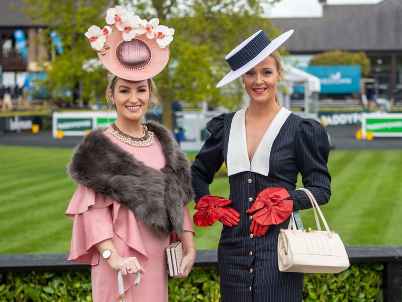 Rebecca Haughan Clontarf and Aoibheann Mc Monagle Donegal wearing Paula Roan Gloves at the 4th day and FINAL of the Bollinger Best Dressed at the Punchestown Racing festival.