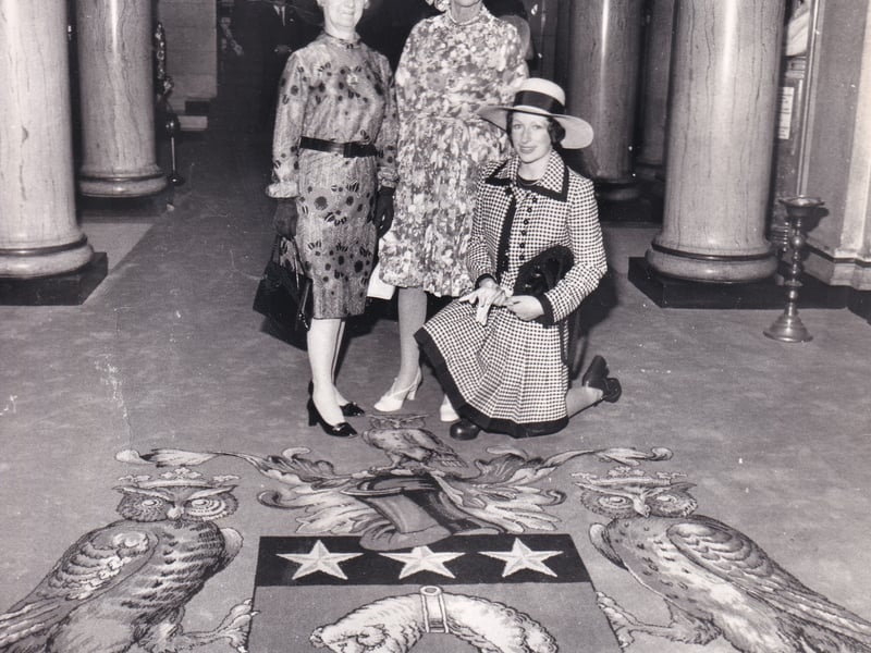 Guests at an 'at home' held at Leeds Civic Hall by the Lady Mayoress of Leeds (Kenneth Travis Davison) had the chance to examine a new carpet which bore the Leeds coat of arms. Pictured looking at the carpet, from left, are Mrs George Somers (deputy Lady Mayoress), the Lad Mayoress and her daughter Caroline.