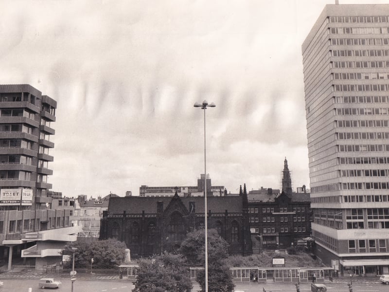 Two high rise office blocks appear in this photo from September 1973 taken from the General Post Office buidling on  City Square to stand guard over Mill Hill Chapel. 