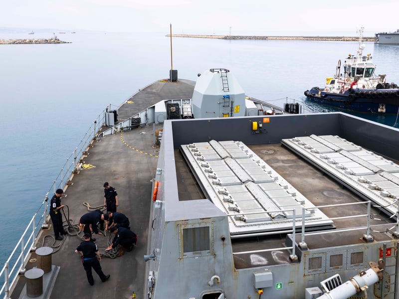 A view of HMS Dragon as the ship sails from Limassol, Cyprus, on May 2.