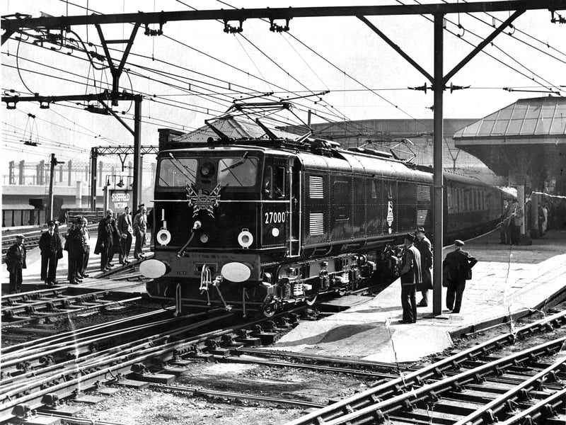 The first electric train pulls into Sheffield Victoria railway station in September 1954, driven by Frank Laming, of Sheffield