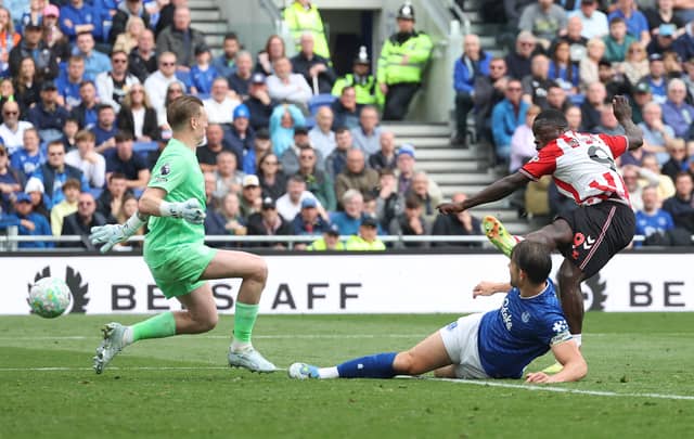 Brian Brobbey scores Sunderland's first goal in the game against Everton in May this year, with Jordan Pickford in the picture. (Photo by Matt McNulty/Getty Images)