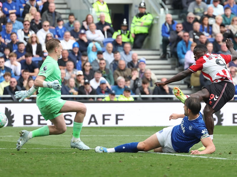 Brian Brobbey scores Sunderland's first goal in the game against Everton in May this year, with Jordan Pickford in the picture. (Photo by Matt McNulty/Getty Images)
