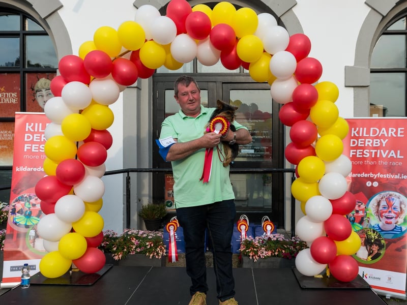 Ken Kelly with Bella who won the Downton Abbey Category at the Pooch Parade, which took place in Kildare Town Square on June 29as part of the Kildare Derby Festival 2023.