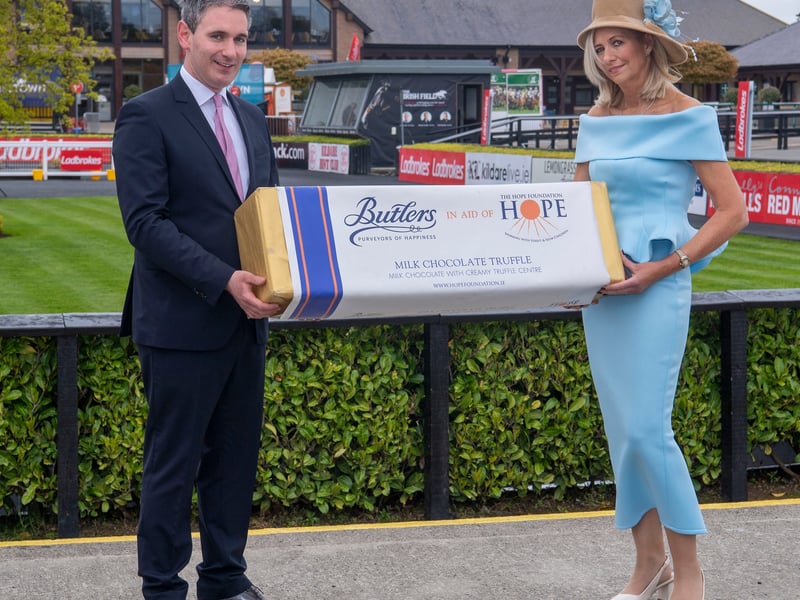 Conor O’Neill (Punchestown) with Sheila Zebedee from the Hope Foundation - Punchestown Racing Festival supporting the HopeFoundation.