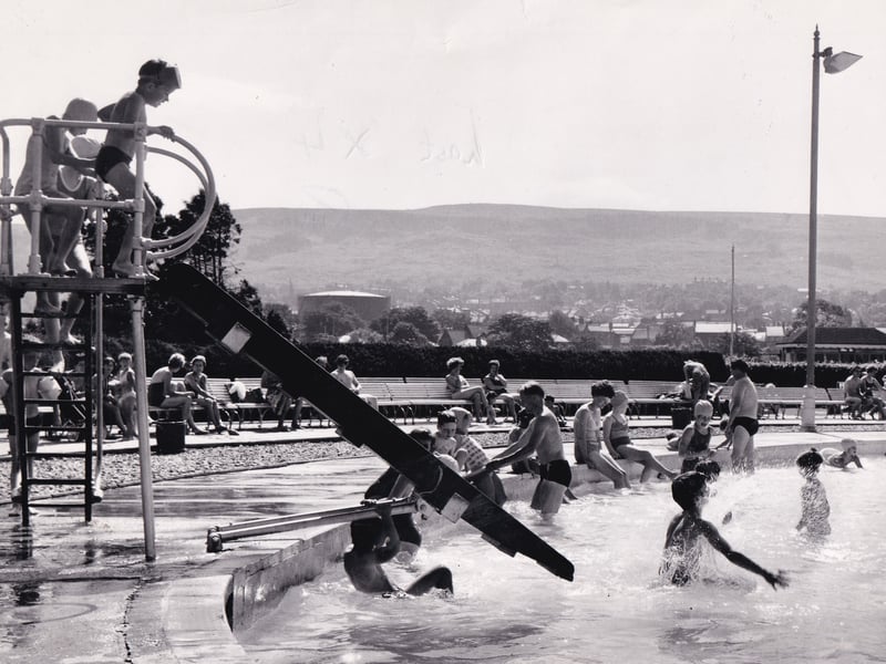 Taking the plunge on a hot summer's day ay Ilkley Pool and Lido in August 1968.