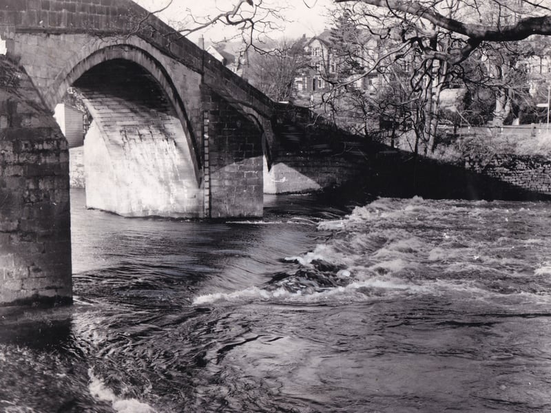 The River Wharfe rushing under the Old Bridge in February 1967.
