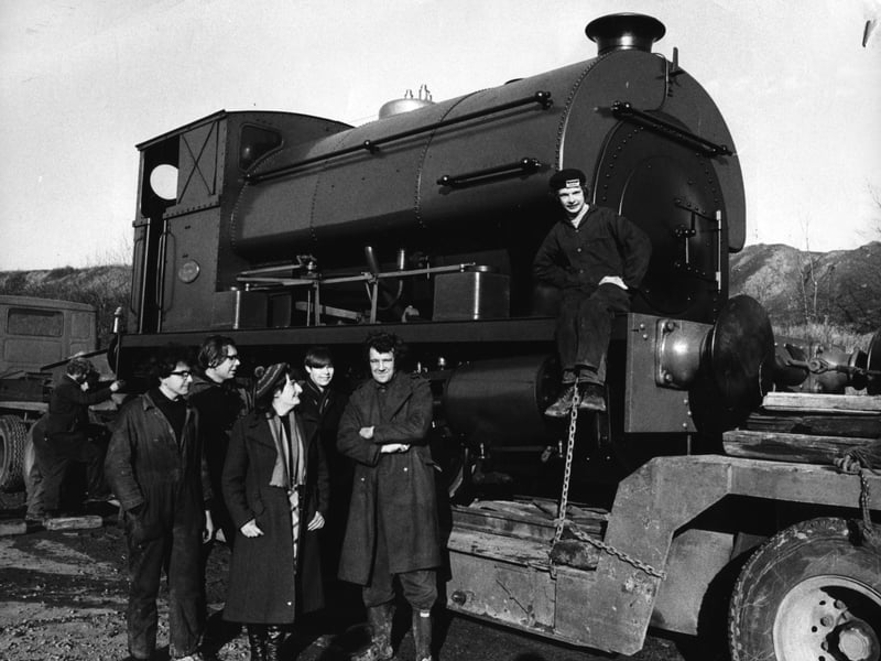 Members of the Middleton Railway Trust with a Peckett 1941 0.4.0 saddle tank locomotive after it had been unloaded at Middleton Broom in 1972.