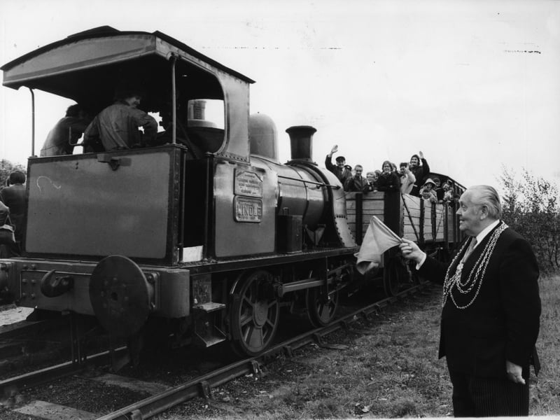 The Lord Mayor of Leeds, Councillor William Hudson, waves off a 1909 Windle 0-4-0 Burrows well tank locomotive, restored by the Middleton Light Railway, during a civic visit in October 1977.
