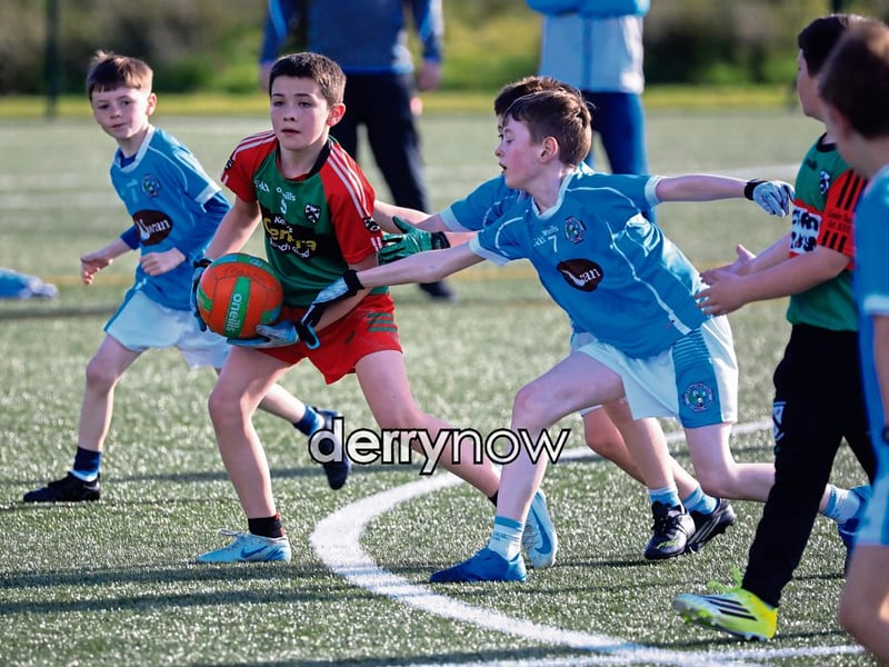 Culmore v Doire Trasna action in the U9 Boys’ GAA blitz held at the Waterside Shared Village Centre on Friday night. 