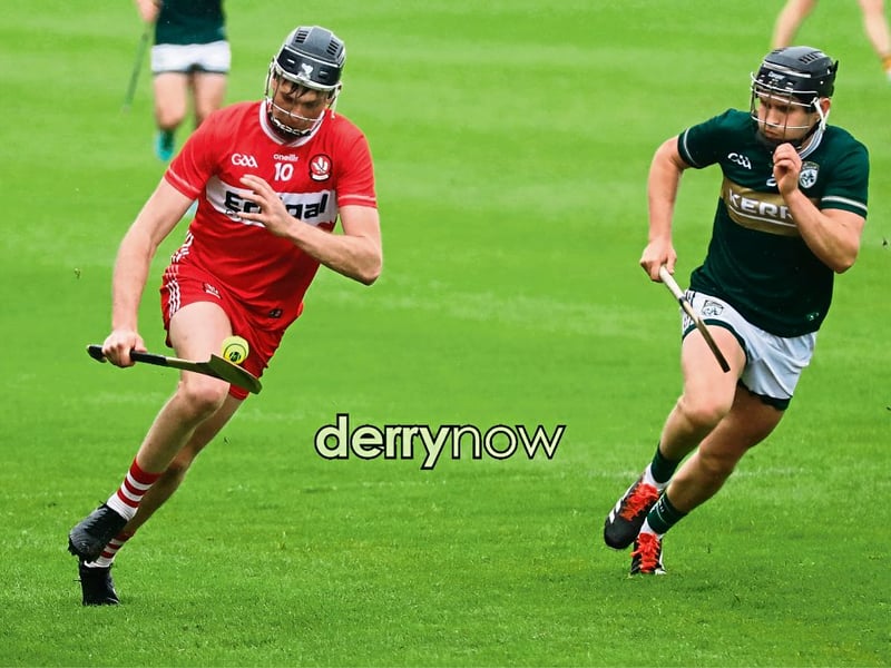 Derry's Sean Quinn pushes forward with the sliotar against Kerry in Christy Ring Cup.