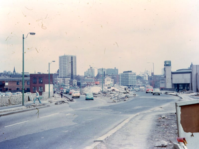 Wellington Street looking in the direction of the City Centre at the time of the construction of Stage 3 of the Inner Ring Road. The clock tower of your YEP building is seen near the oncoming traffic to the right. 
