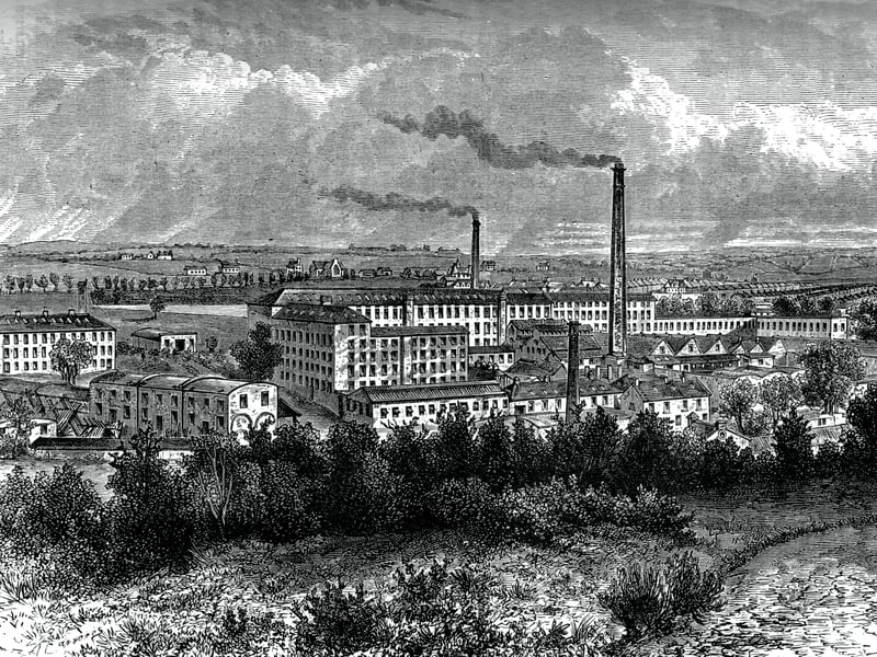 Bessbrook Mills and village, County Armagh, in around 1880. The 'model' village of Bessbrook was founded in 1845 and surrounded a large linen mill owned by the Richardsons, a Quaker family.