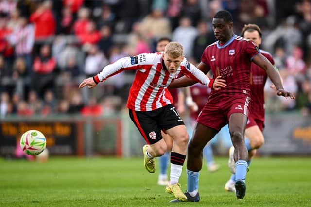 Wasiri Williams (right) , seen here in action against Derry City earlier this season, headed Galway United into the lead in last weekend's Connacht derby win.