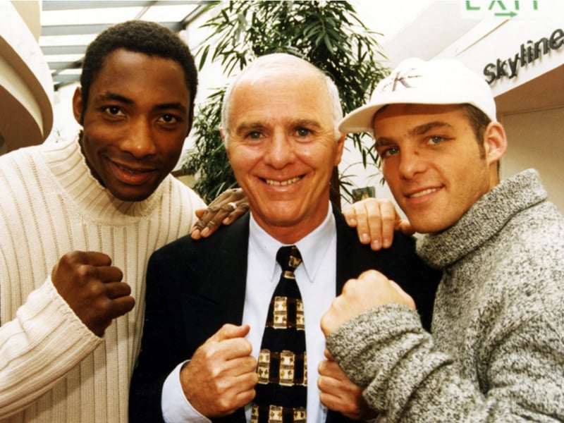 Two of Sheffield's greatest boxers, Johnny Nelson (left) and Ryan Rhodes (right), with coach Brendan Ingle, who mentored them on their path to glory, pictured together in November 1996