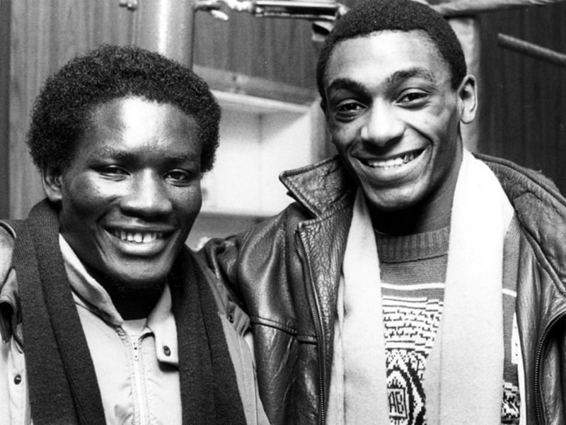 Herol 'Bomber' Graham (right) and Ayub Kalule, European Middleweight Champion, pictured together at St Thomas's Gym before their championship fight in February 1986. Graham was born in Nottingham but moved to Sheffield in his teens.