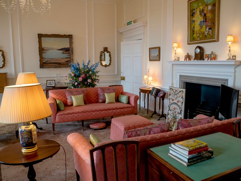 The Sitting Room where the late Queen Elizabeth II would work, reviewing the
papers and documents presented in the Government red dispatch boxes, as well as using the room for private audiences or resting between engagements, often while watching horseracing on television, at the Palace of Holyroodhouse in Edinburgh, the official residence of the monarch in Scotland. 