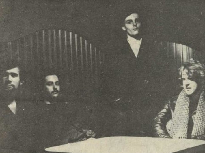 Sheffield pop group The Human League, in 1979. They consisted at the time of Philip Oakey (vocals), Martin Ware (synthesiser), Ian Marsh (synthesisers) and Adrian Wright (slides).