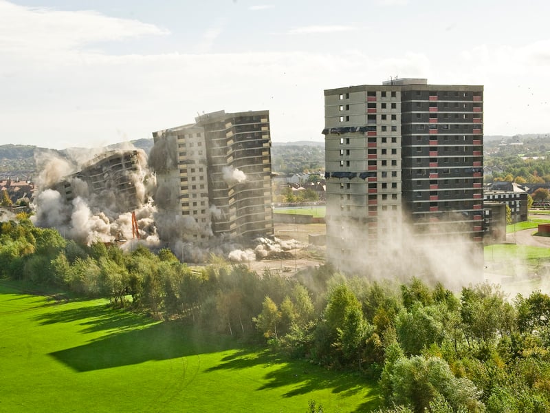 The demolition of the Sighthill high rise flats in September, 2011. Glenalmond, Weir Court and Hermiston court had stood there for 45 years