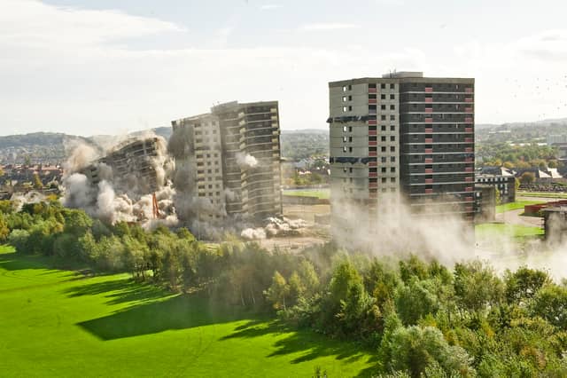 The demolition of the Sighthill high rise flats in September, 2011. Glenalmond, Weir Court and Hermiston court had stood there for 45 years