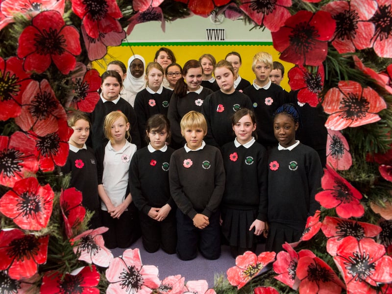 Sighthill Primary School with the Poppy Wreath which they made for Remembrance Day in 2012.