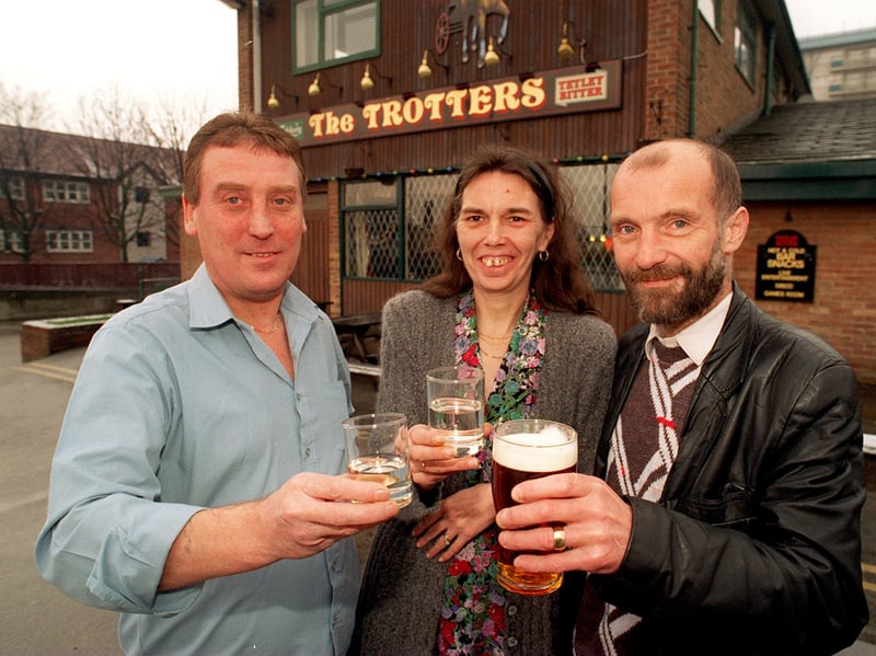Landlords Stan and Carol Furness with partner Brian Middleton outside The Trotters pub, York Road, Leeds, in 1995