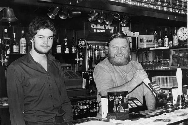 Ian Haslem with landlord John English at the Ivy House pub, Holmfield, in December 1980