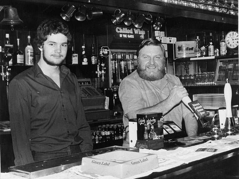 Ian Haslem with landlord John English at the Ivy House pub, Holmfield, in December 1980