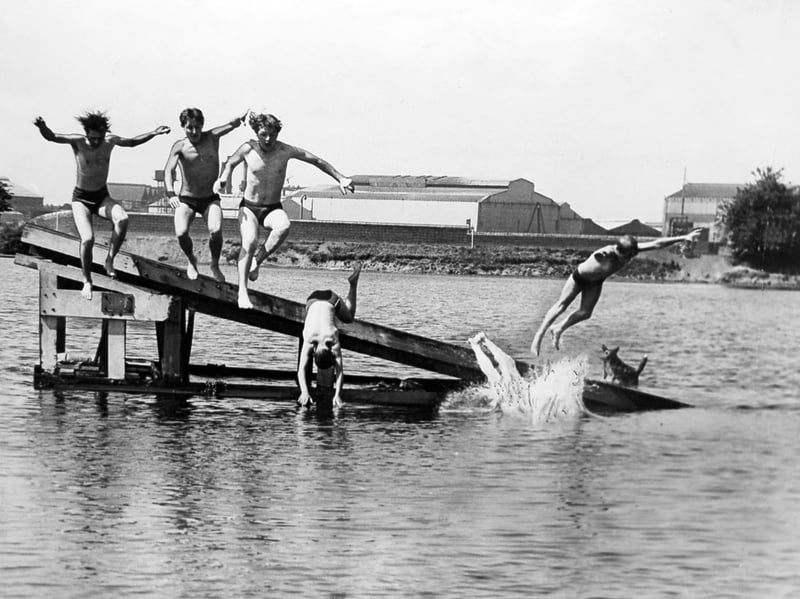 The perfect way to beat the summer heat! On August 6, 1964, a lively group of boys leap into Netherton reservoir, turning the local water ski ramp into their very own makeshift diving board. While the adventurous lads dive mid-air into the cooling waters, a hesitant four-legged friend decides to stay safely perched on the wooden ramp to wait for his master to return.