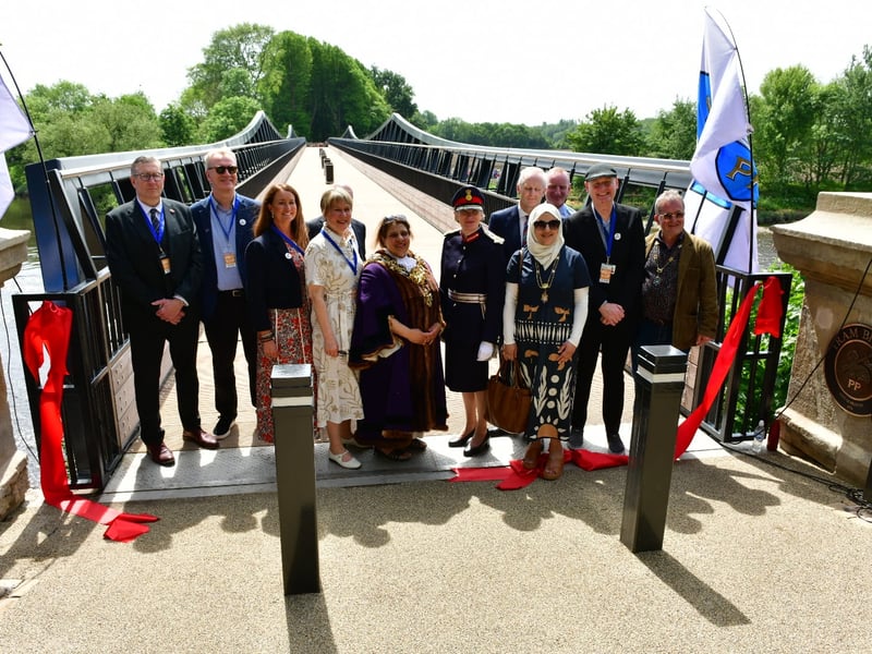 (L-R)  County Councillor Warren Goldsworthy (Cabinet Member for Highways and Transport), Chris Haywood (Director of Development and Housing), Julie Palmer (Regeneration Manager at Preston City Council), Councillor Valerie Wise (Deputy Leader and Cabinet member for Community Wealth Building and City Regeneration at Preston City Council), Chris Wilding (Lancashire County Council Bridges and Structure  Manager) Councillor Nweeda Khan (Madam Mayor of Preston City Council), Lord Lieutentant Amanda Parker, Adrian Phillips (Chief Executive of Preston City Council), Mayoress (Consort of the Mayor), Gavin Hulme (Eric Wright), Councillor Matthew Brown (Leader of Preston City Council), Councillor Peter Kelly (Consort of the Mayor).