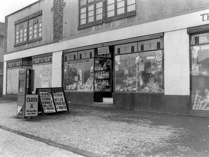 Dewsbury Road in December 1938. View of shop premises of Mrs Mabel Ellison, tobacconist and newsagent, who was at 402 Dewsbury Road on a parade of shops known as Barkly Parade.
