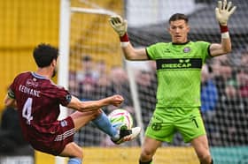 Galway United captain Jimmy Keohane sees his attempted chip blocked by Bohs goalkeeper, Kacper Chorazka.