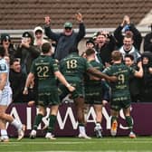 Connacht players and supporters celebrate a late try by Matthew Devine during the United Rugby Championship match between Connacht and Ospreys in March. 