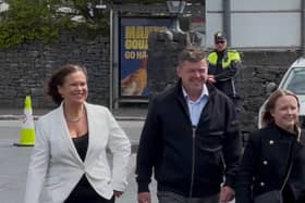 Mark Lohan arriving athe count centre on Saturday with Mary Lou McDonald and Mairead Farrell 