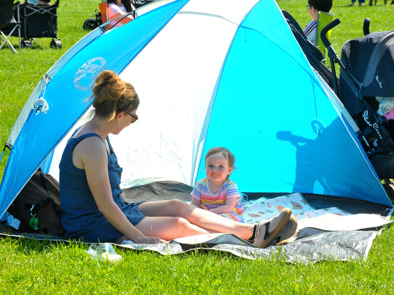 Claire McBrien and daughter Isla, 18 months, of Leeds, come prepared.