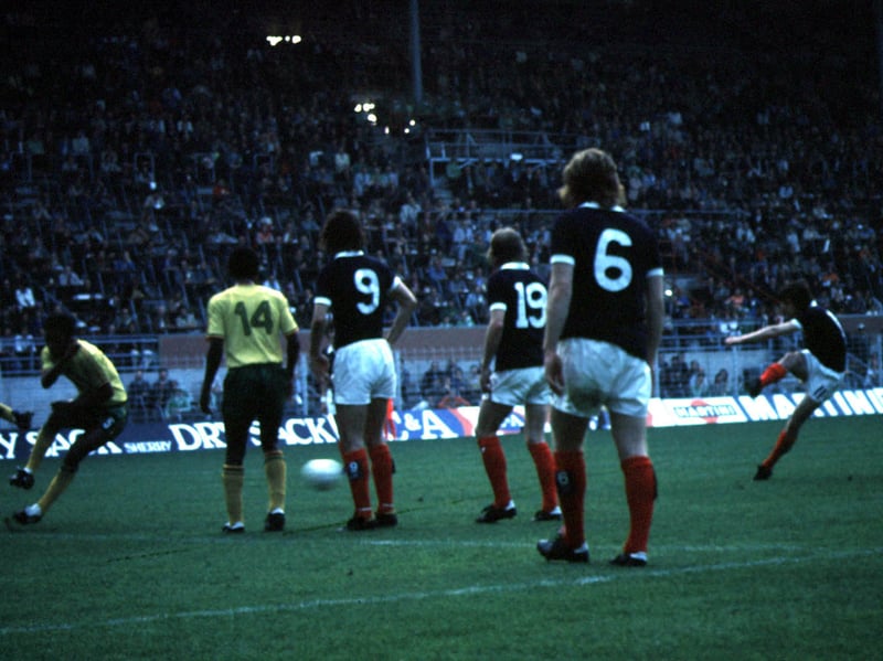 Our first goal included here from an actual World Cup. Joe Jordan heads down a cross from Danny McGrain, Lorimer arranges his feet and …..wham! A stunning right-foot volley from just inside the box flew into the corner. It ought to have been worth three goals – which would have helped unbeaten Scotland’s cause as they exited the tournament on goal difference eight days later.