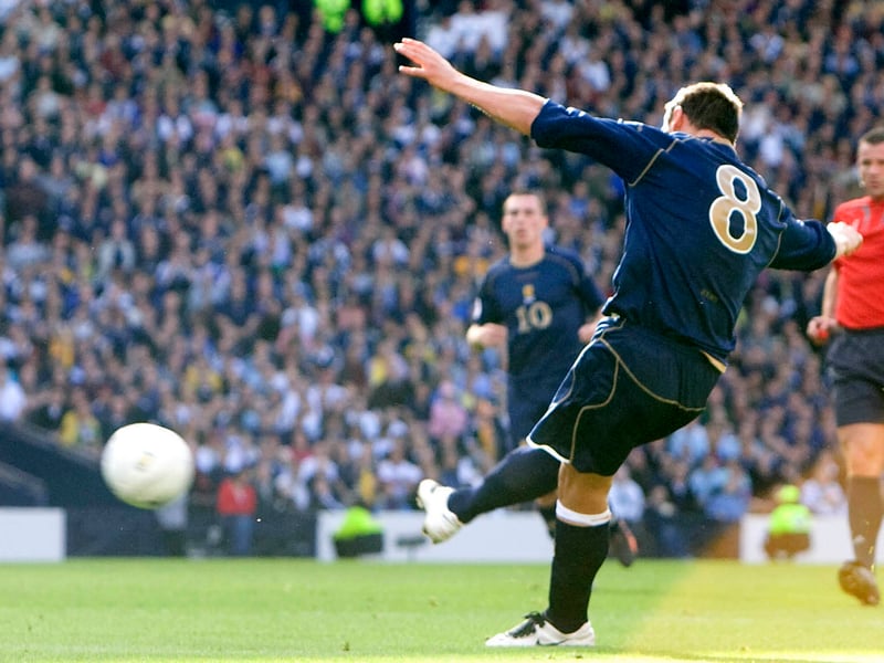 A well-worked free kick routine sees Barry Ferguson find McCulloch on the far fringe of the box having wrong-footed, it seems, the entire Ukraine defence, who flock towards the near post like firemen heading for the wrong fire. He looked up and bent an unstoppable shot into the far corner with his right foot for 2-0 in an eventual 3-1 victory over Ukraine as Scotland looked unstoppable on the way to Euro 2008. It didn’t work out that way but Hampden in the sunshine rarely felt as good as then.