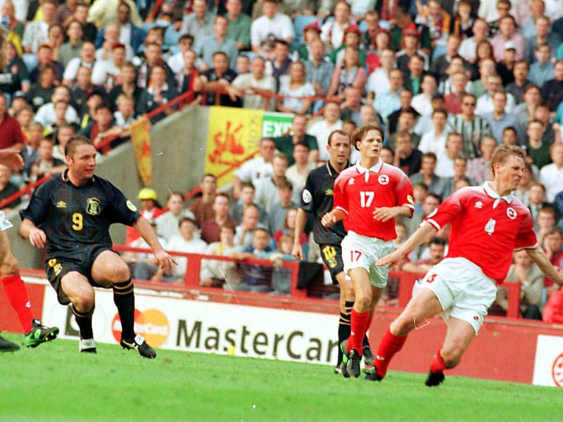 A must-win game for Scotland and McCoist does what he does, but from slightly further out than known for. He’d already passed up a couple of presentable opportunities from his more accustomed distance around the six-yard box before sending this howitzer just inside the left hand post at the Holte End of Villa Park after running onto a pass from Gary McAllister. It didn’t prove quite enough to progress at Euro 96 due to events elsewhere.