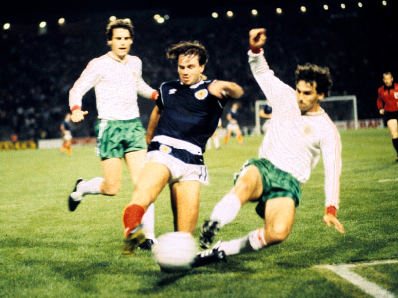 Scotland storm back from 2-0 down in a European Championship qualifier, the equaliser coming from the then golden boy of the Scottish game. Nicholas exudes confidence and elegance as he flicks the ball up with his right foot before lobbing the Swiss keeper with his left. "A touch of arrogance," says Archie Macpherson in commentary, admiringly. 