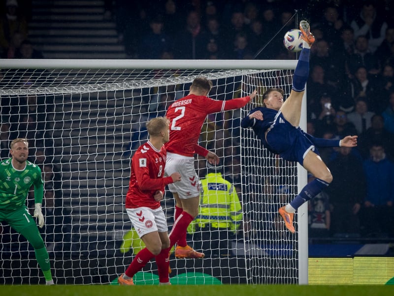 In 50-60 years they will still be talking about this, just as we have talked about Archie Gemmill’s for so long. The Napoli midfielder defied physics, physiology and even logic to reach Ben Gannon-Doak’s cross with the toe of his right boot while upside down about 12 yards out. We now know he was 8ft 3inches high when he connected with the ball – higher than the crossbar. It’s now immortalised by way of a mural on the side of a Glasgow tenement gable wall. Get that building listed, someone.