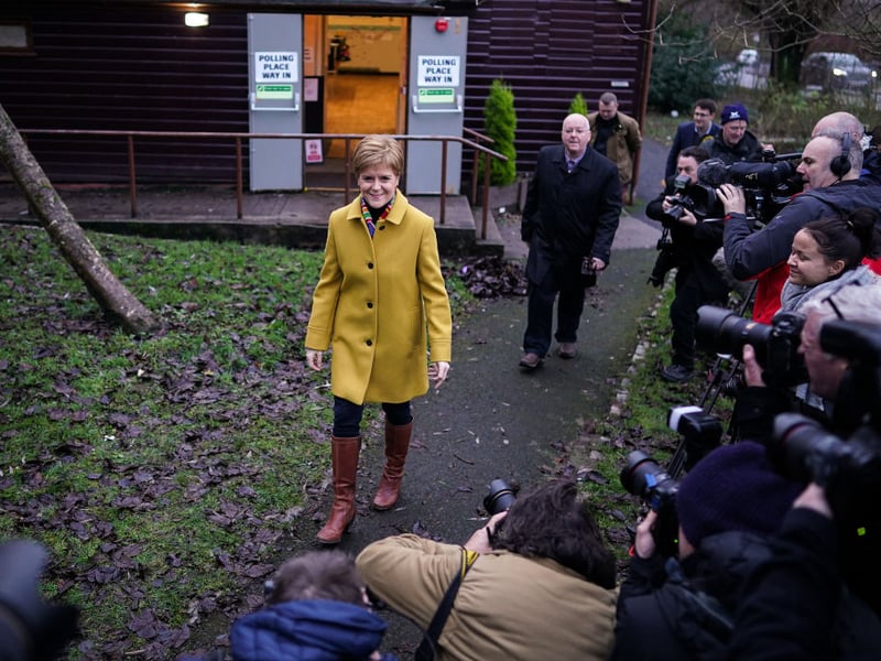 First Minister of Scotland and leader of the SNP Nicola Sturgeon, votes in the UK General Election with her husband Peter Murrell at Broomhouse Community Hall in Ballieston in December 2019 after Prime Minister Boris Johnson called the first UK winter election for nearly a century.