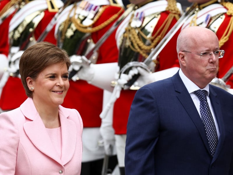 Scotland's First Minister Nicola Sturgeon and her husband and current chief executive officer of the Scottish National Party Peter Murrell arrive for the National Service of Thanksgiving to Celebrate the Platinum Jubilee of Her Majesty The Queen at St Paul's Cathedral on June 3, 2022, in London.
