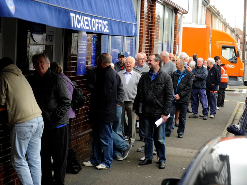 Pompey fans queue for tickets at the old ticket office on Frogmore Road in May 2013 ahead of their 2013-14 campaing in League Two.