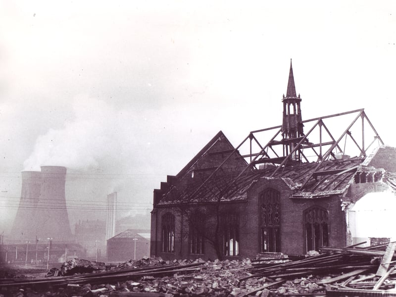 Tinsley Methodist Church, on Sheffield Road, pictured during demolition in November 1964, with Blackburn Meadows Power Station visible through the haze in the background